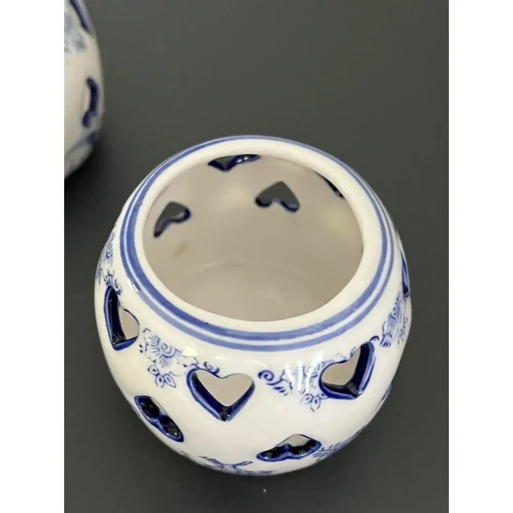 2 Delft Blue Tea Light Holder Candle Ceramic Vintage Hearts Hand painted Holland